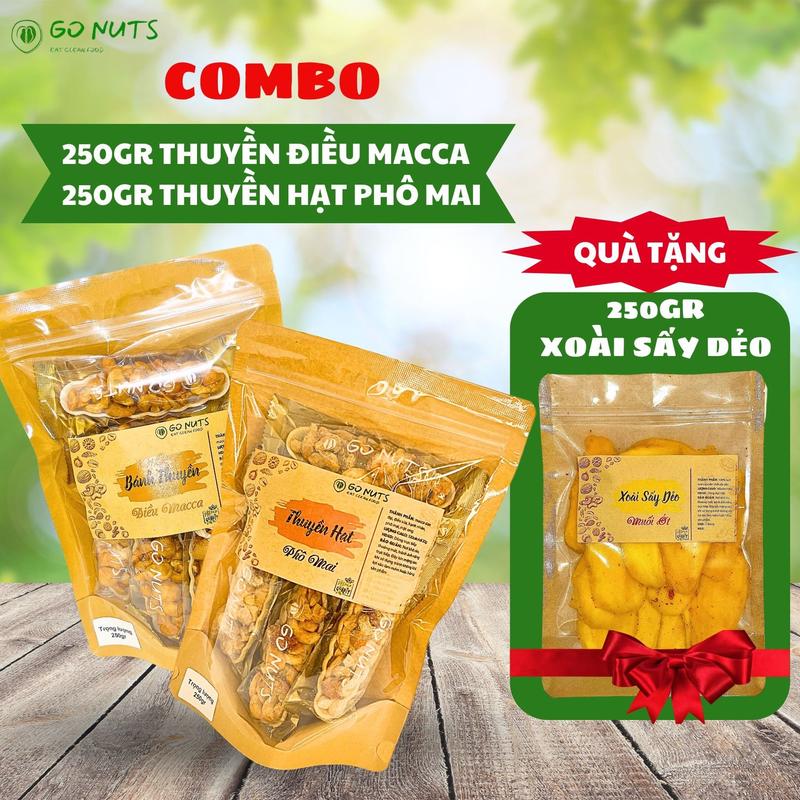 COMBO C2 Thuyền điều macca 250g + Thuyền hạt phô mai 250g TẶNG Xoài sấy dẻo 250g GO NUTS bánh hạt mix ngũ cốc dinh dưỡng
