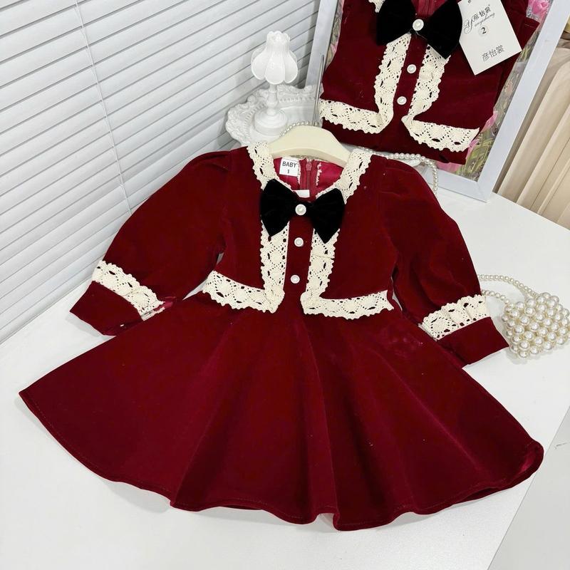 ￼Bộ thu đông bé gái,váy nhung 2 tầng cổ nơ phong cách tiểu thư cho bé diện noel, tết 2025 cho bé 10 - 20kg Moon Jonhny 3
