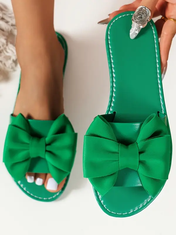 Women's Bow Decor Slip on Flat Sandals, Leather Sandals, Casual Outdoor Beach Sandals, Elegant Sandal, New Trendy Sandals for Summer, Gifts for Wife, Footwear, Sandals for Women 2