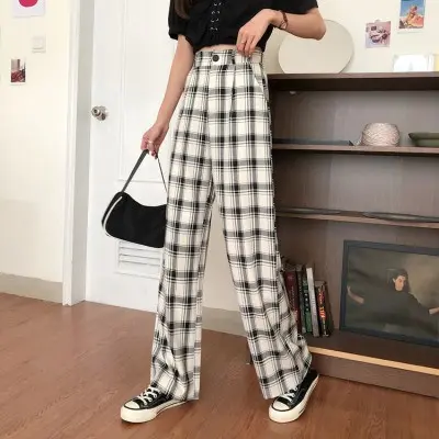 Celana Tartan Wanita Panjang Kulot Kotak-Kotak Casual Kancing Depan 1099 5