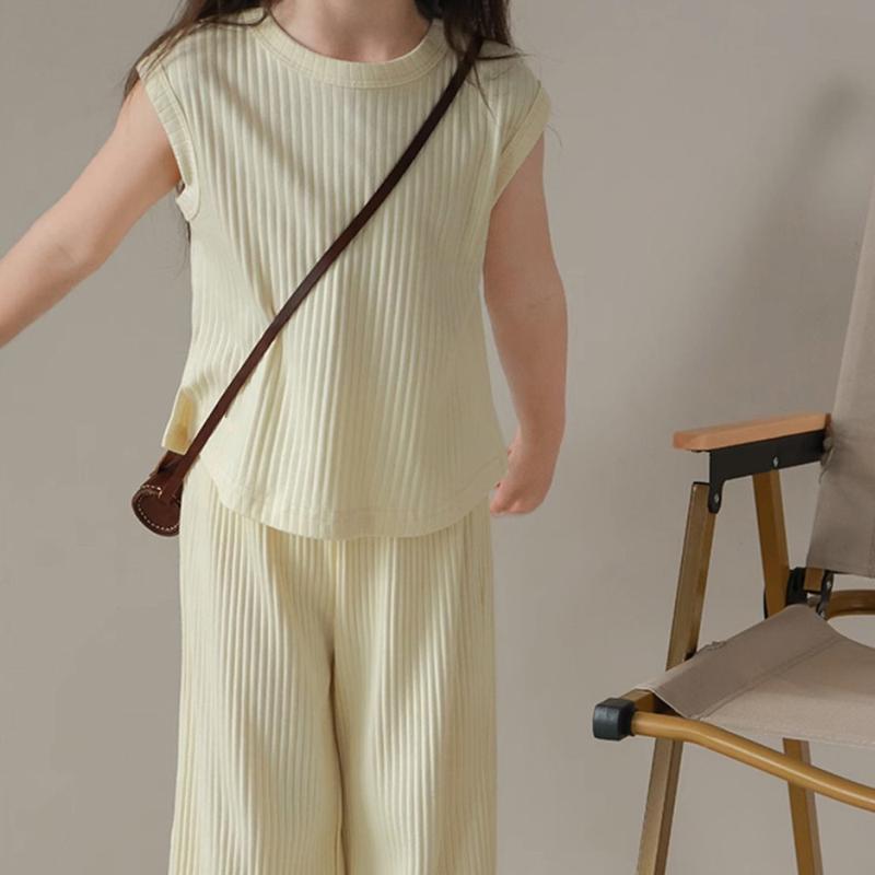 Bear Leader Summer Solid Color Baby Girls Casual Clothing Sets Sleeveless Round Neck T-shirt Top and Wide Leg Pants Suit 2-7 Years Old Pit Striped Kids Clothes 1