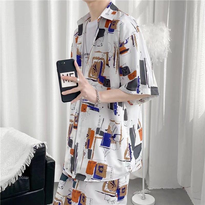 Short-sleepted men's fashion summer ice silk Free Shipping Hong kong-style Ruan Home wear half-pajama shirt loose floral shirt coat suit 6