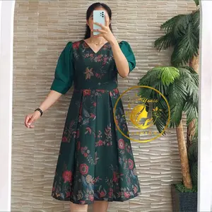 Dress Batik Wanita Premium sopal Kode AMARA GR01 || Dress Tunik elegant || Kain dan warna tahan lama || Santai V-Neck Bunga Jalan Manis Casual Lembut Polyester