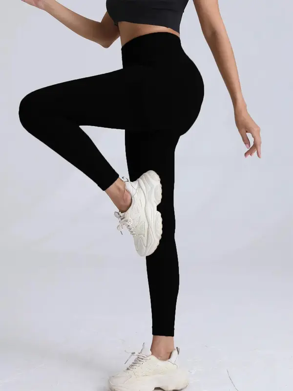 Sporty Women's Plain Ruched High Waist Sports Leggings, Solid Color Wide Waistband Sport Skinny Pants, High Stretch Seamless Yoga Leggings, Ladies Sportswear for Indoor Outdoor Wear, Tummy Control, Leggings for Women, Gym Clothes 4