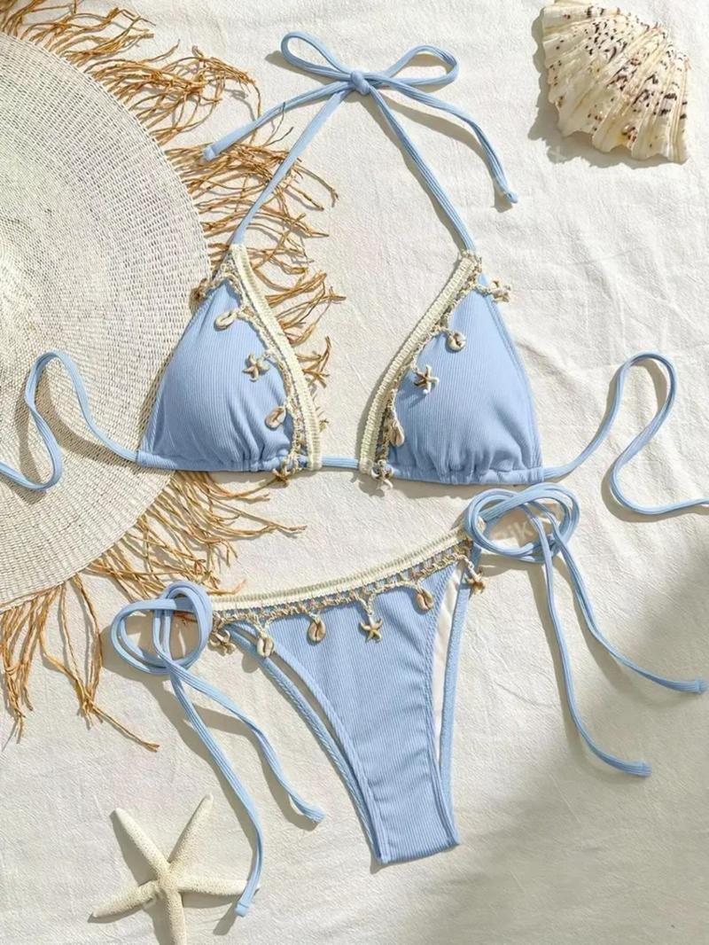 Product Introduction of Women's Plain Shell Decor Tie Back Bikini Set, Casual Fashion Chic Swimsuit Set for Beach Holiday Vacation, Ladies Swimwear for All Seasons 1