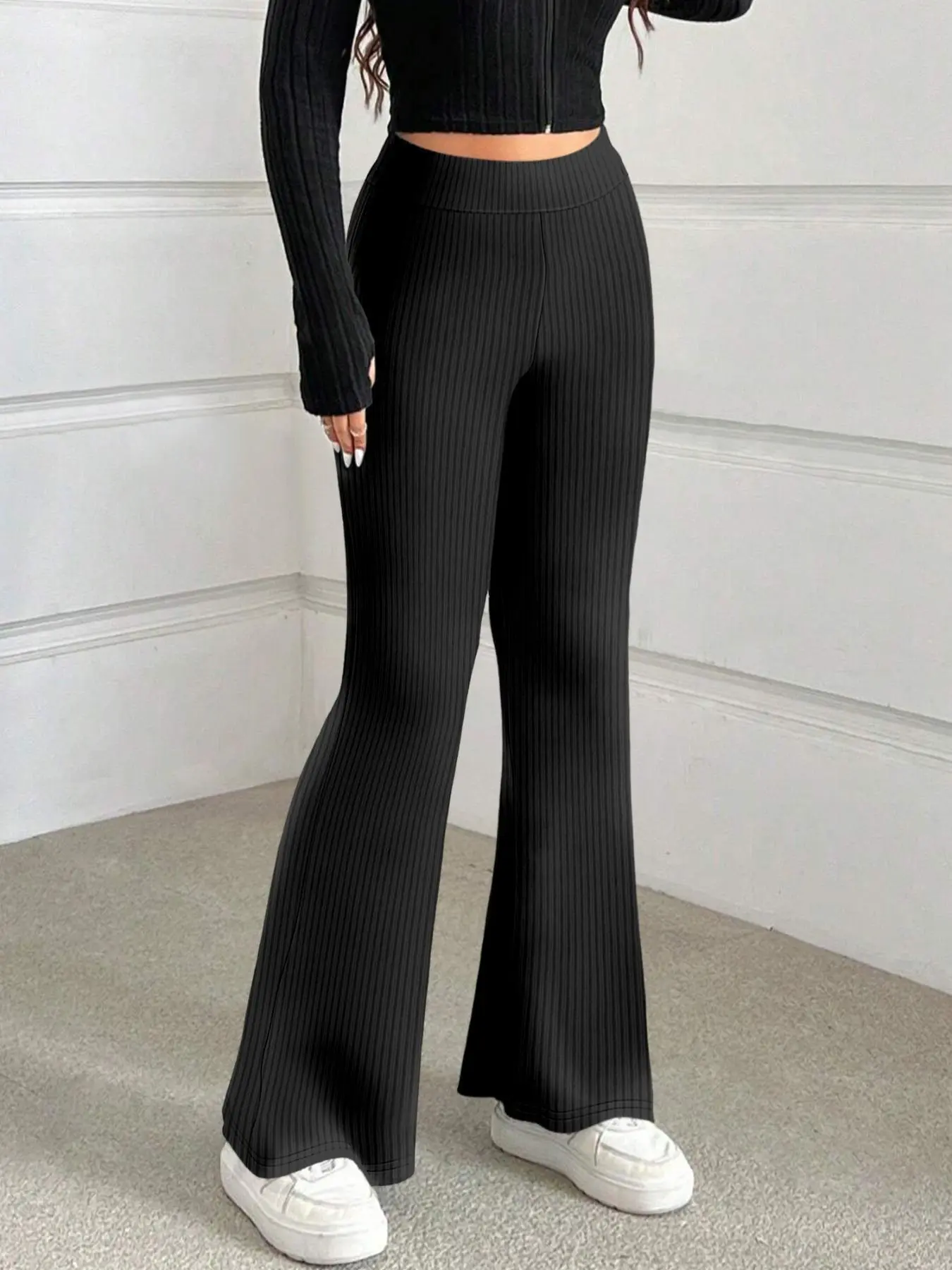 Women's Solid Striped High Waist Flare Leg Pants, Casual Comfy Bell Bottom Trousers for Yoga Gym Workout, Ladies Bottoms for All Seasons