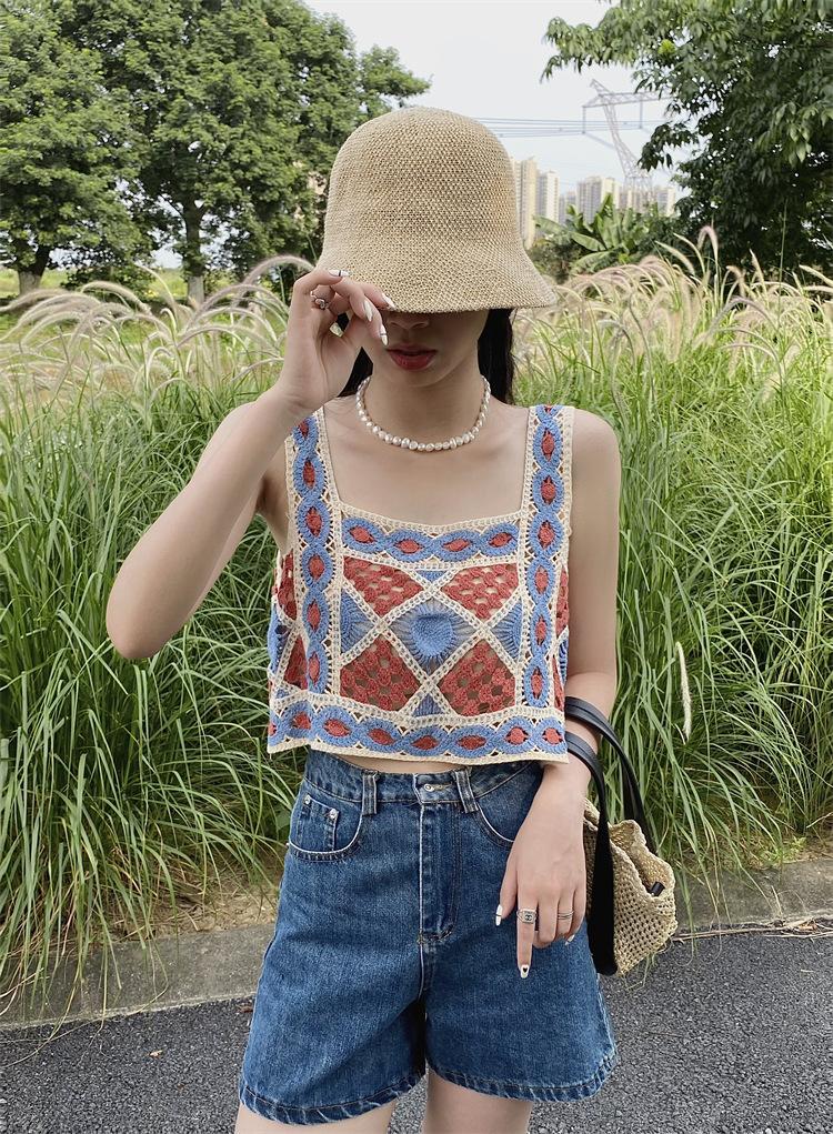 Product Introduction of Bohemian ethnic style small camisole vest embroidered hollow knit short piece for women's sleeveless interior 25