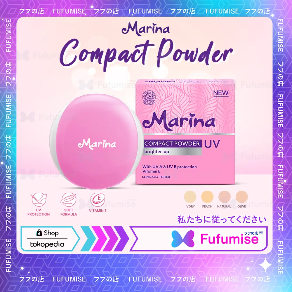 MARINA Compact Powder UV Brighten Up | with UV A & UV B Protection Vitamin E | Bedak Padat Peach Wajah Lightening
