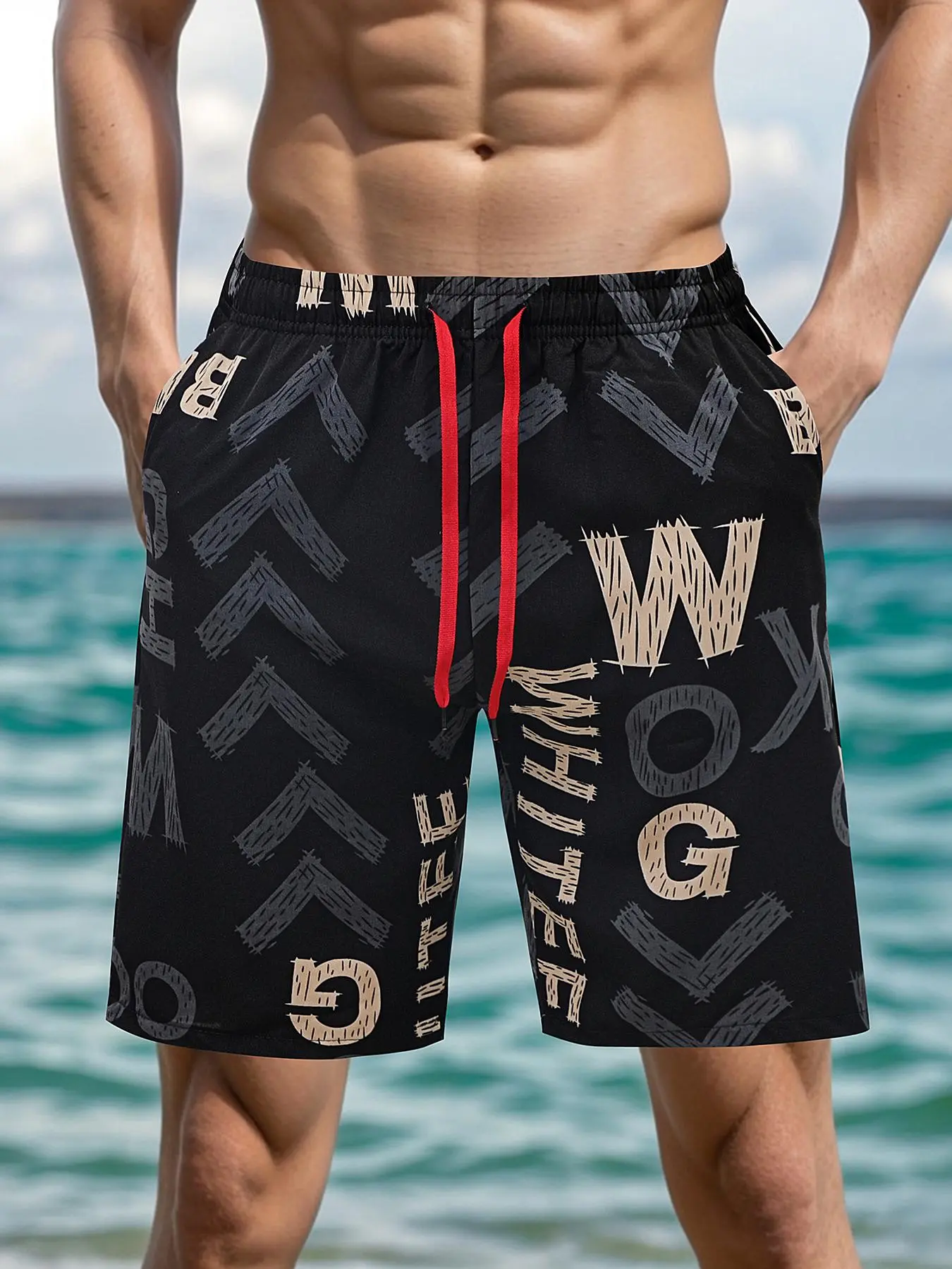 Men's Letter Print Drawstring Waist Beach Shorts, Casual Loose Comfy Breathable Shorts for Summer, Men's Shorts for Beach Vacation