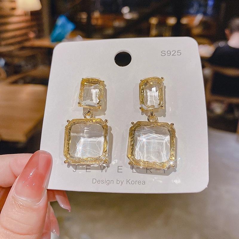 bông tai đính đá lớn sang chảnh, khuyên tai thả hình vuông dài cá tính