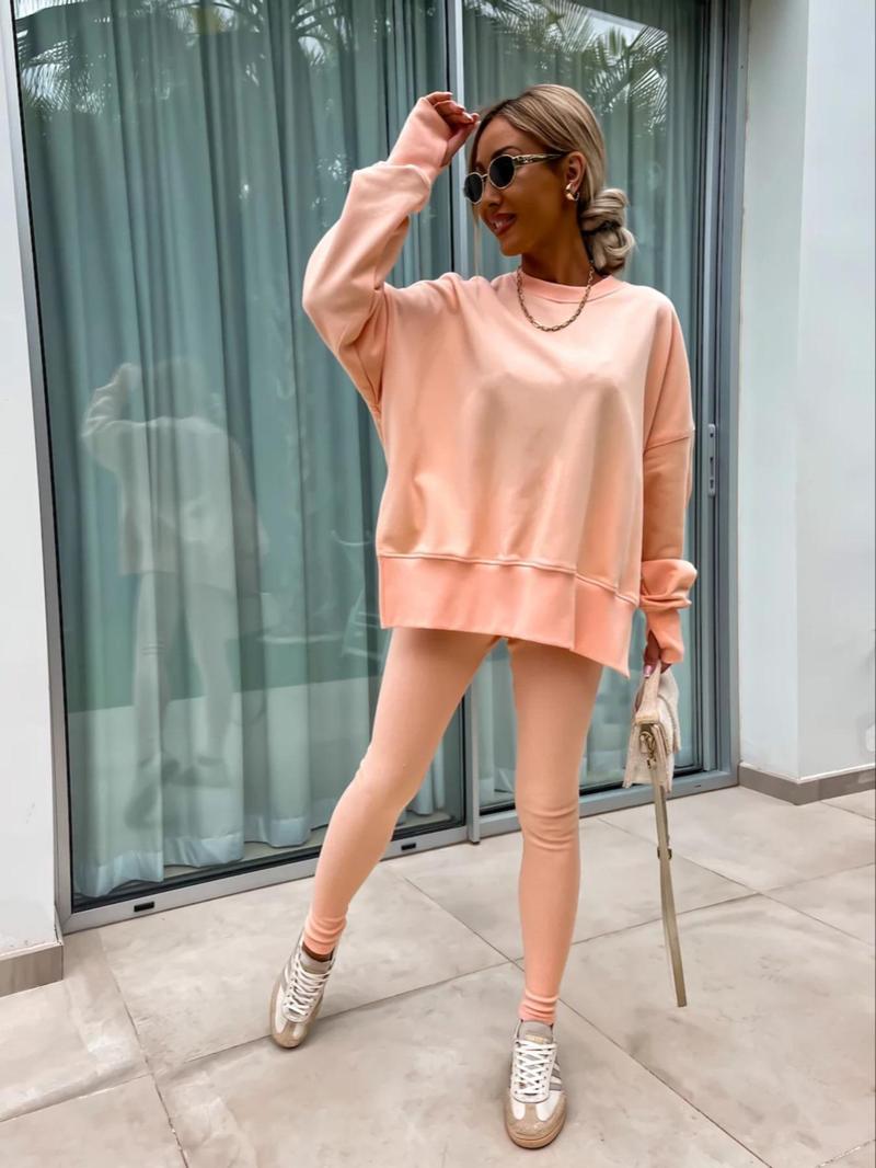 Product Introduction of Women's Solid Split Hem Sweatshirt & Pants Two-piece Set, Casual Fashion Cozy Breathable Two Piece Outfits for Daily Outdoor Wear, Ladies Clothes Fitness  for All Seasons 5