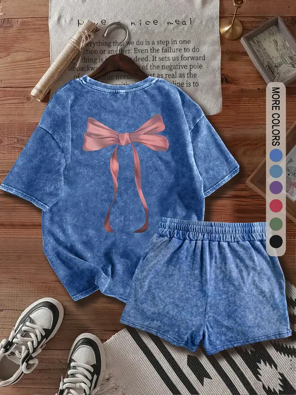 Two-Piece Set Women's Bow Print Tee & Shorts, Casual Short Sleeve T-shirt & Skinny Shorts, Ladies Summer Clothes for Daily Wear 5