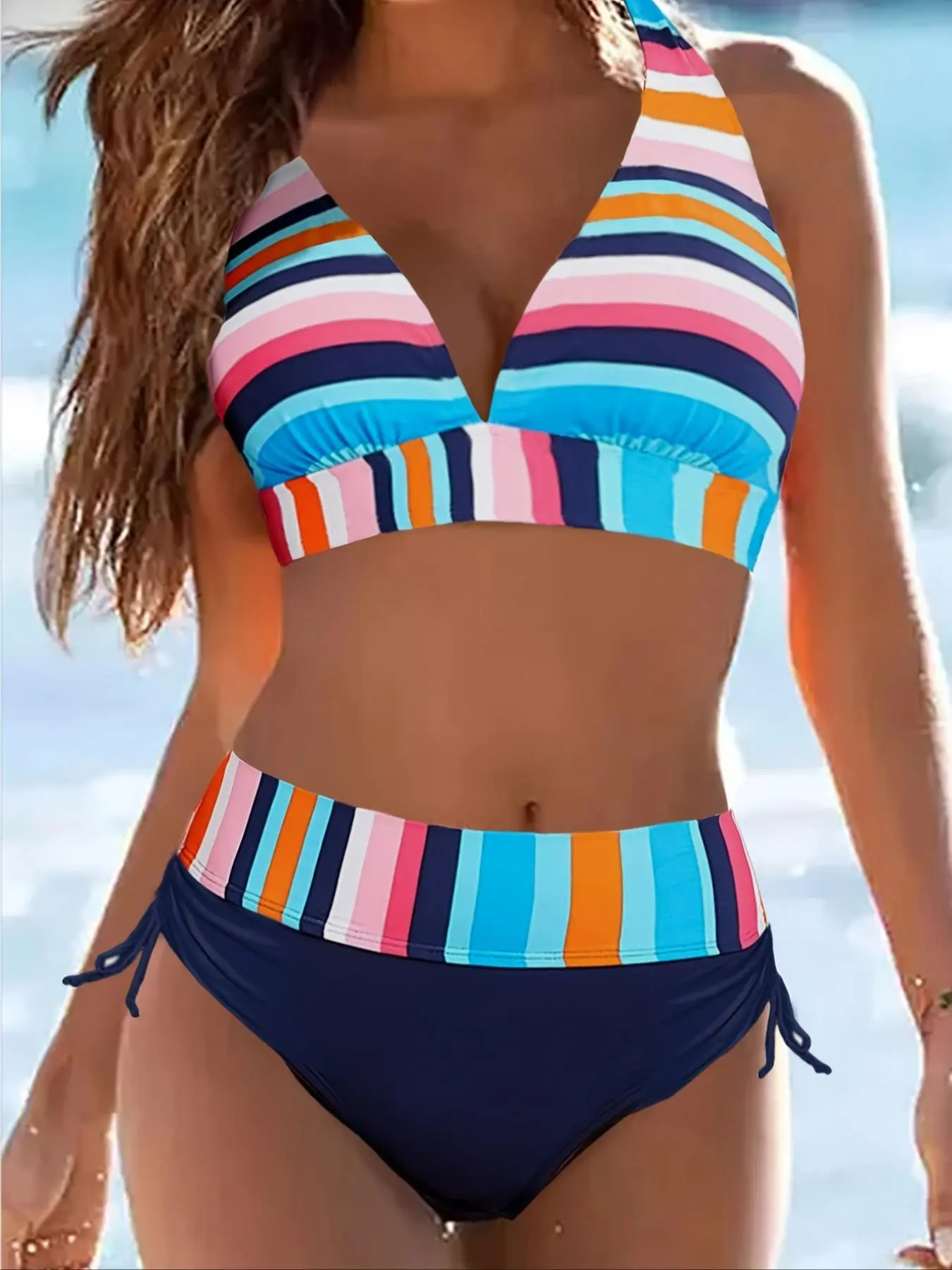 Two-Piece Set Women's Rainbow Stripe Print Halter Bikini Set, High Stretch Casual Tie Back Backless Swim Top & Drawstring High Waist Swim Bottom Two-Piece Swimsuit for Beach Holiday Vacation, Ladies Swimwear for All Seasons