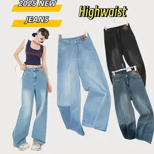 Boyfriend.Jeans | Wanita Celana Panjang Baggy High Waist Kulot Loose Street Style Denim Stretch Keren Nyaman Kancing Kantong Multifungsi Hitam
