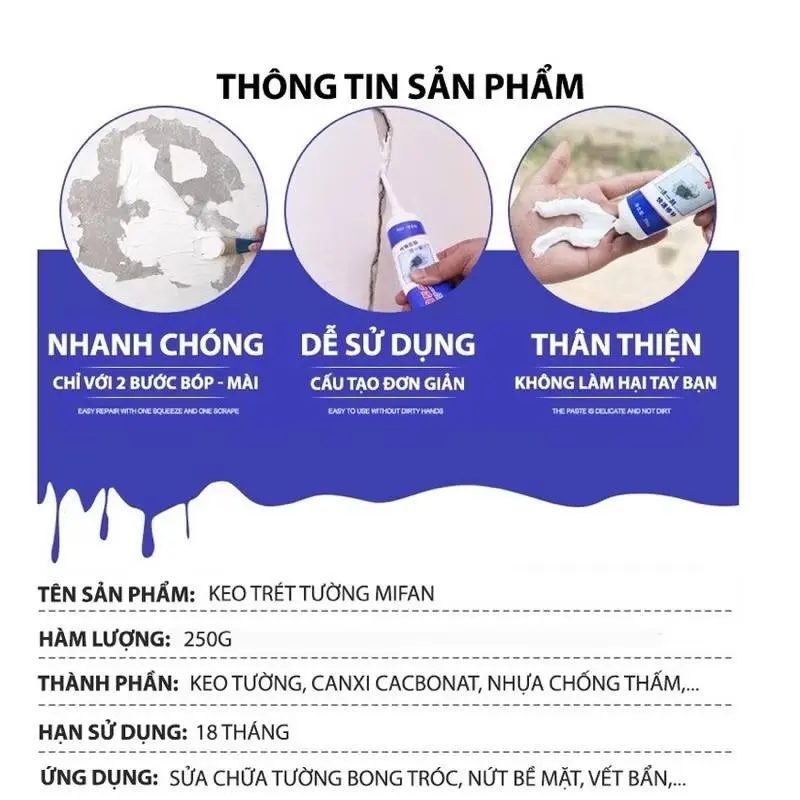 KEO SƠN VÁ TƯỜNG 2 trong 1 dễ dàng giải quyết các vấn đề tường bong tróc nứt nẻ, vết vẽ bút màu 0