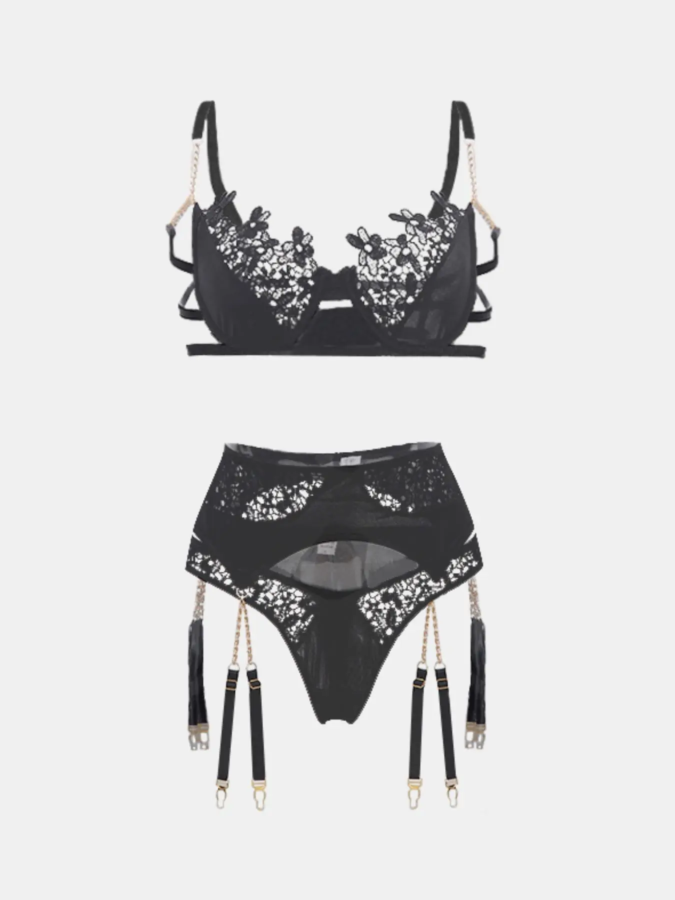 Three-Piece Set Women's Chain Decor Embroidery Hollow Out Sexy Lingerie Set, Romantic Chic Solid Color Push Up Bra & Thong & Garter Belt Set, Lingerie Set for Women