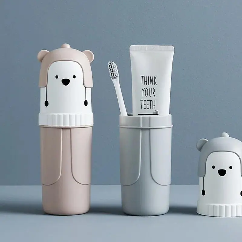 Portable Travel Cartoon Bear Mouthwash Cup Multifunction Storage for Toothbrush Case Container Supplies for Children Girls Boys