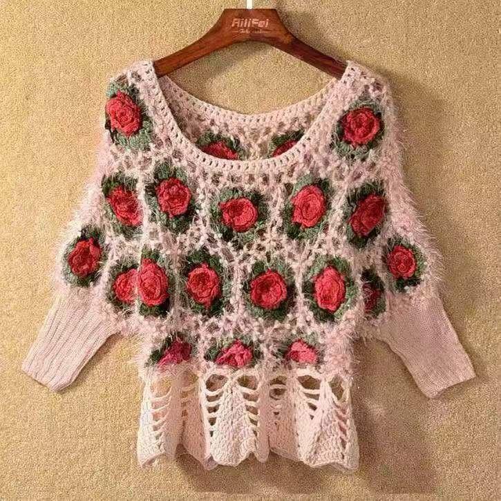 Áo Len Dệt Kim Đan, Tay Áo 3 / 4, Bộ Sưu Tập Mùa Xuân Và Mùa Thu, Hàng Mới Về, Cạp Cao, Jacquard Thời Trang, Cổ Tròn, Kiểu Ngắn, Dáng Rộng Vừa Vặn, Áo Tay Cánh Dơi, Dành Cho Nữ 4