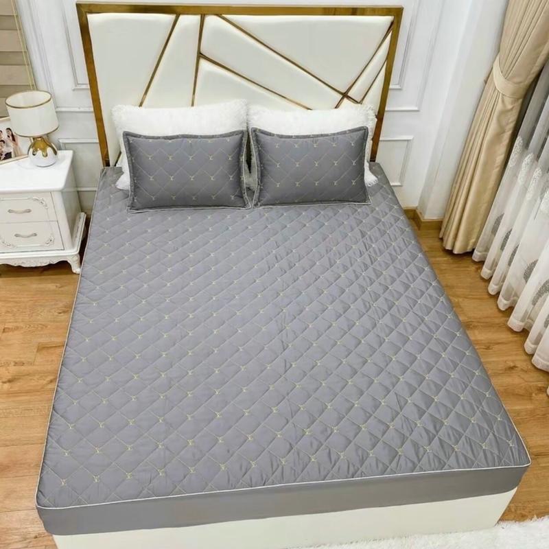  Bộ 3 món phi lụa trần bông cao cấp có chun bọc nệm dưới 15cm - kèm 2 vỏ gối đầu 