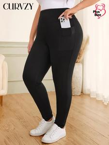 CURVZY Plus Size Solid High Waist Pocket Leggings, Casual Comfy Breathable Skinny Pants for Daily Wear, Women's Bottoms for All Seasons