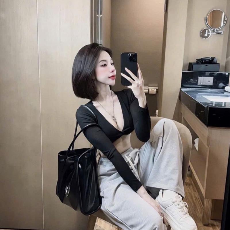 Set áo xoắn kiểu tay dài kèm quần ống rộng xám vải nỉ dày dặn Women Nữ