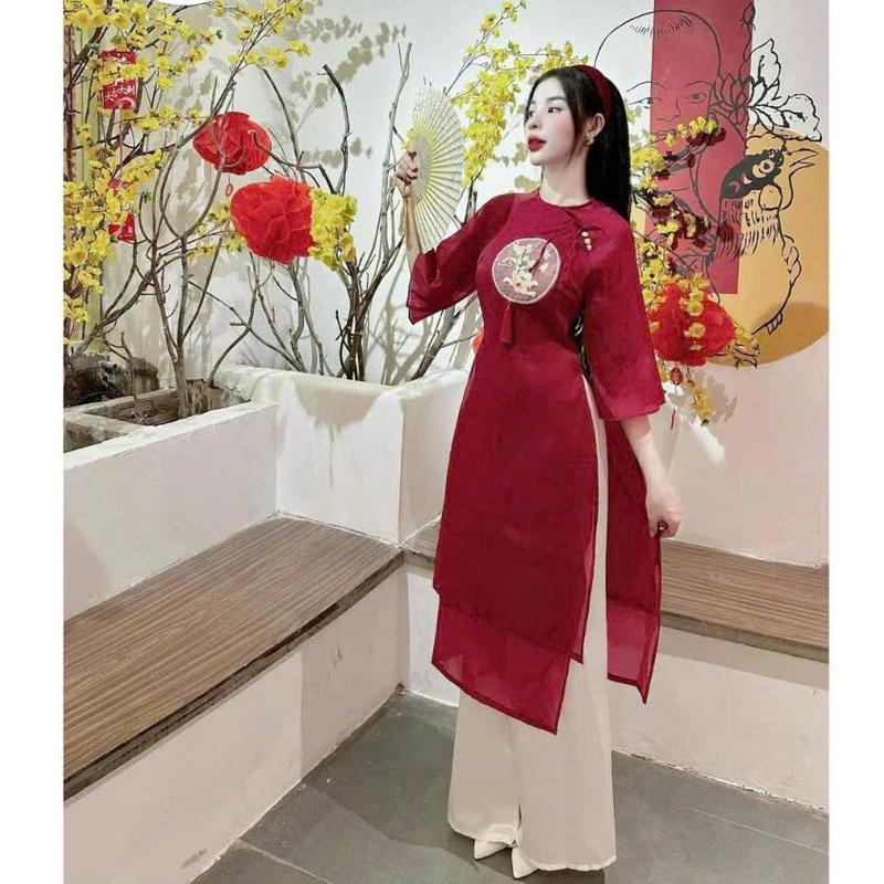 Sét áo dài nữ mặc tết chất voan tơ thêu hoa tay lỡ cổ tròn đính nơ kèm quần tuyết nhung trẻ trung - Women