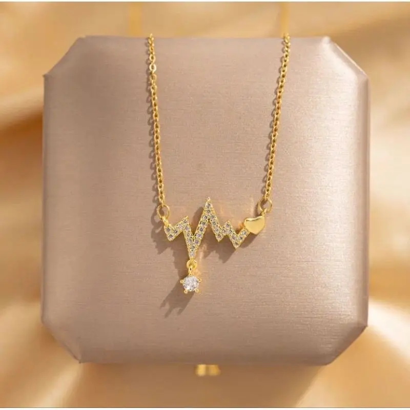 kalung Rantai Detak Jantung Permata Titanium Fashion wanita