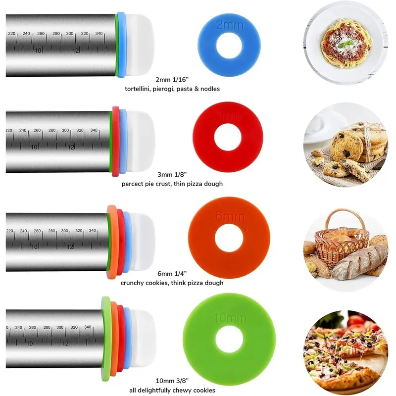 Professional Stainless Steel Rolling Pin & Non-Stick Silicone Mat Set |   Baking Essentials with Precision Thickness Rings (1-12mm) |   UK Baker's Kit for Pizza Dough, Pastries & Artisan Cookies |   BPA-Free Pastry Tools with Measurement Markings (Durable 4