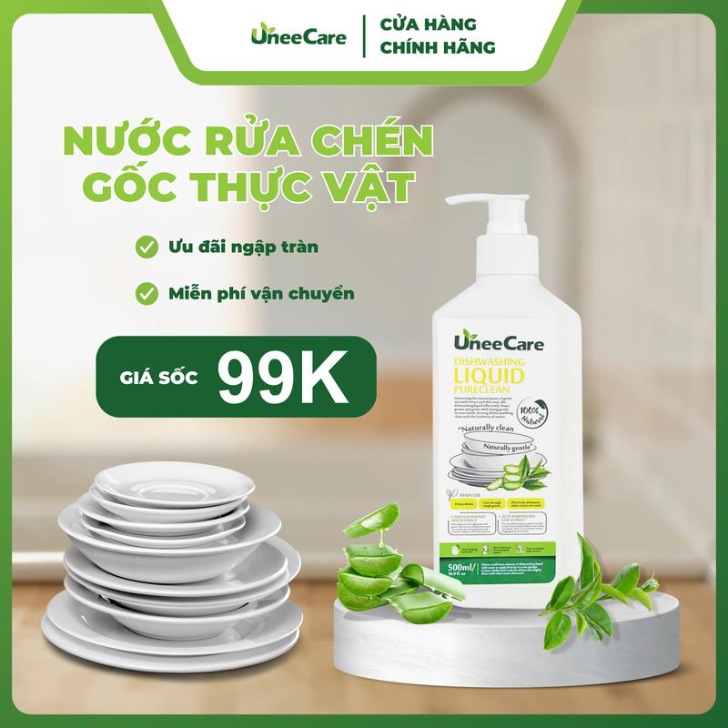 Nước rửa chén bát gốc thực vật UneeCare - Làm sạch dầu mỡ dù chỉ 1 giọt nhỏ. Hương Trà Xanh và Lô Hội. An toàn cho da nhạy cảm. 1