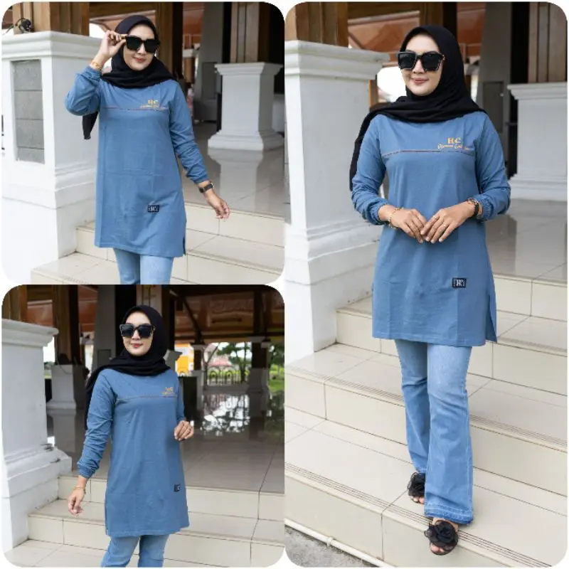 TUNIK SAMBUNG EMAS KAOS WANITA TANGAN PANJANG DI KERUT PAKAI KARET JAHITAN BELAH PINGGIR BAHAN KATUN KOMBET 20 S 2