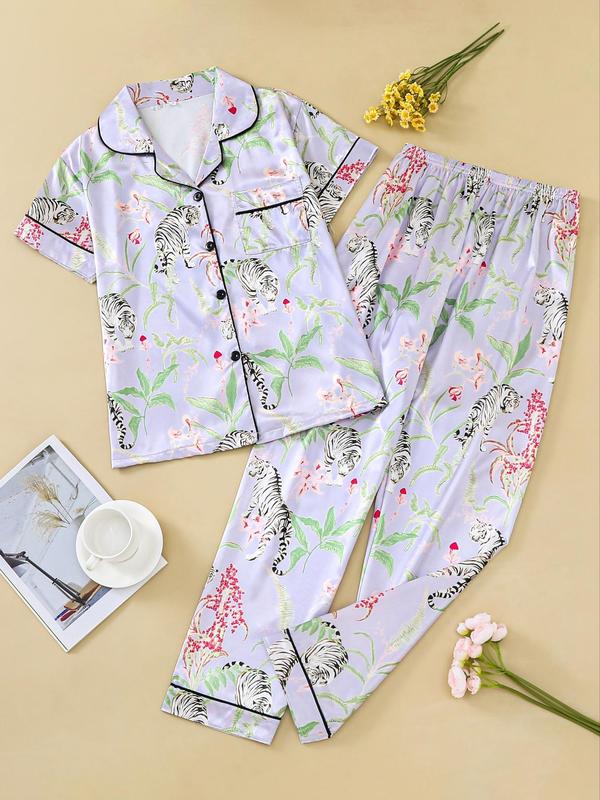 Two Counts Women's Lapel Shirt & Elastic Waist Pants Pyjamas Set, Pj Sets for Women, Casual Button Front Top & Trousers Loungewear Set, Pyjamas for Women, Lounge Set, Ladies Sleepwear for Summer, Hide Tummy Wear Uk, Pajamas, Womenswear 7