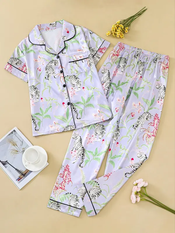 Two Counts Women's Lapel Shirt & Elastic Waist Pants Pyjamas Set, Pj Sets for Women, Casual Button Front Top & Trousers Loungewear Set, Pyjamas for Women, Lounge Set, Ladies Sleepwear for Summer, Hide Tummy Wear Uk, Pajamas, Womenswear, Clothes for Women 7