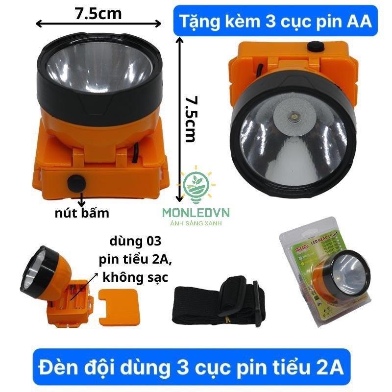 TẶNG KÈM 3 CỤC PIN AA Đèn pin đội đầu choá 7.5cm không sạc điện dùng 3 cục pin rời AA với 2 chế độ sáng mạnh và sáng vừa
