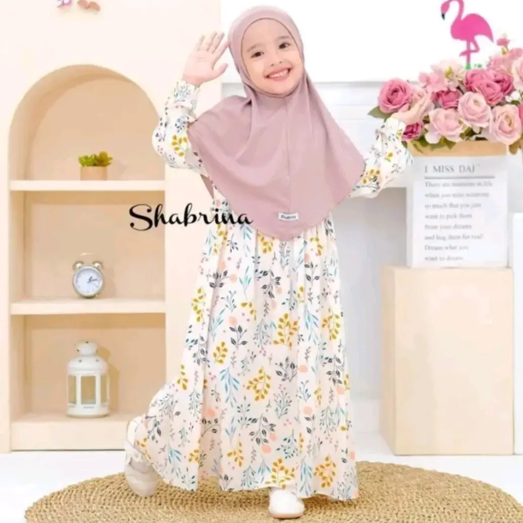Set Gamis dan Hijab Rayon Viscose  usia 4 sampai 9 tahun motif  Bunga  cantik