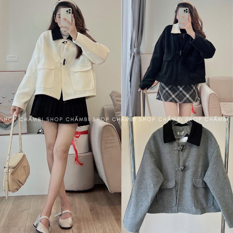 Áo khoác dạ nữ AP.566, Áo khoác dáng vừa tay dài có khuy sừng túi nắp phối cổ đen xinh xẻo - Shop Chấm Bi