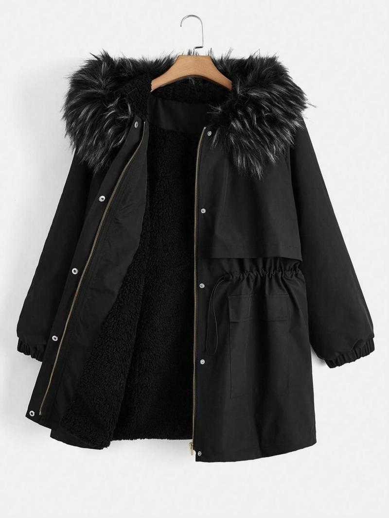 Product Introduction of 【Plus Size】 Women's Solid Color Jacket, Casual Long Sleeve Fuzzy Trim Coat for Fall & Winter, Women's Clothing for Daily Wear 5