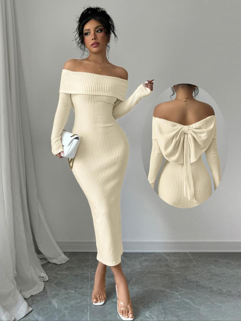Product Introduction of Aliling Women's Off Shoulder Ribbed Bodycon Dress, Elegant Fashion Long Sleeve Dress for Party Dating Wear, Women Dress for Fall & Winter 3