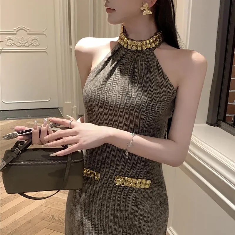 Đầm Mini Dự Tiệc Sinh Nhật, Đính Kim Cương, Cao Cấp Và Bó Sát, Eo Kiểu Pháp Quấn Cổ Tròn, Váy Ngắn, Váy Gợi Cảm Xã Hội
