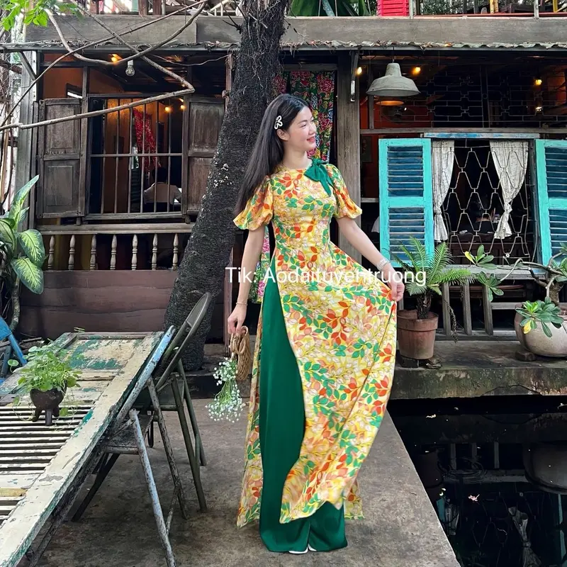 Bộ áo dài hoa lá đính nơ 2 màu 5
