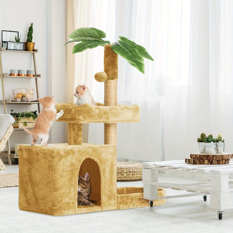 TikTok Shop Cat Tree Cat Tower For Indoor Cats With Green Leaves DIY Rotatable Cat Tree Grey