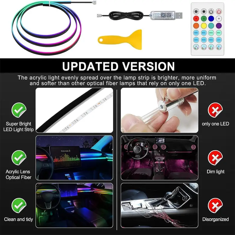 Universal Car Ambient Light, LED Interior RGB Atmosphere Light Strip with Remote Control, Car Interior Decorative Light For Tesla Model 3 Y S X 6