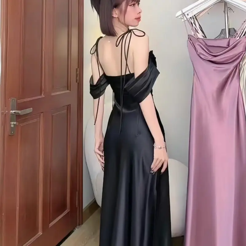 Mèo Mỡ Bigsize — Đầm lụa trễ vai dáng dài xẻ tà tay ngắn bigsize hot trend 60-100kg Women Sen Dress Nữ 5
