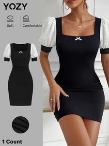 YOZY Women's Bow Front Square Neck Bodycon Dress, Fashion Casual Patchwork Print Short Sleeve Dress for Daily Outdoor Wear, Women Dress for Summer