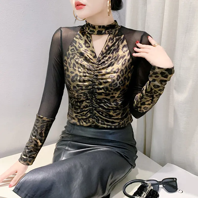 Áo Xếp Ly Mùa Thu, DL, Lưới Phối Cảnh Gợi Cảm, Áo Thun In Hình Da Báo Cổ Điển Cao Cấp Thiết Kế Áo Sơ Mi Nhỏ Cơ Sở Thanh Lịch, Thời Trang Nữ Châu Âu