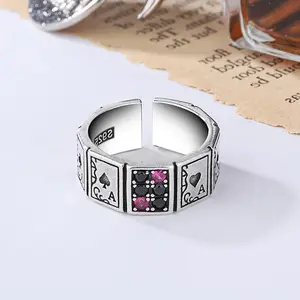 【Nosworthy】Menetapkan Cincin Poker Diamond Retro Hip Hop Cincin Tereksagerat Cincin Terbuka Personalisasi