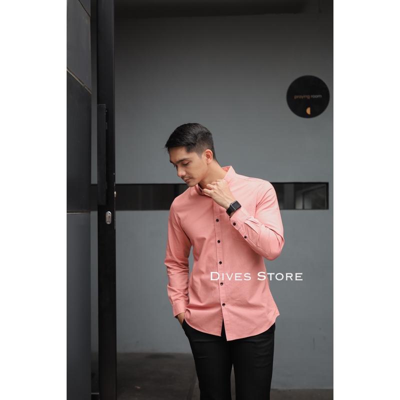 Kemeja pria polos slimfit kasual basic HeM lengan panjang hitam putih army navy maroon mustard coklat bata ungu pink Nyaman Casual 5