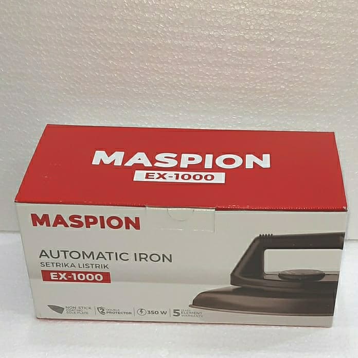 [AFF1] Maspion Setrika EX-1000 Original Setrika Listrik 350 Watt Hemat Listrik Cepat Panas Alas Anti Lengket Thermostat Thermofuse Lampu Indikator Pengatur Suhu Body Ringan Setrika Kering Pakaian Rumah Tangga Garansi Resmi SNI 1 Tahun Ori Bergaransi