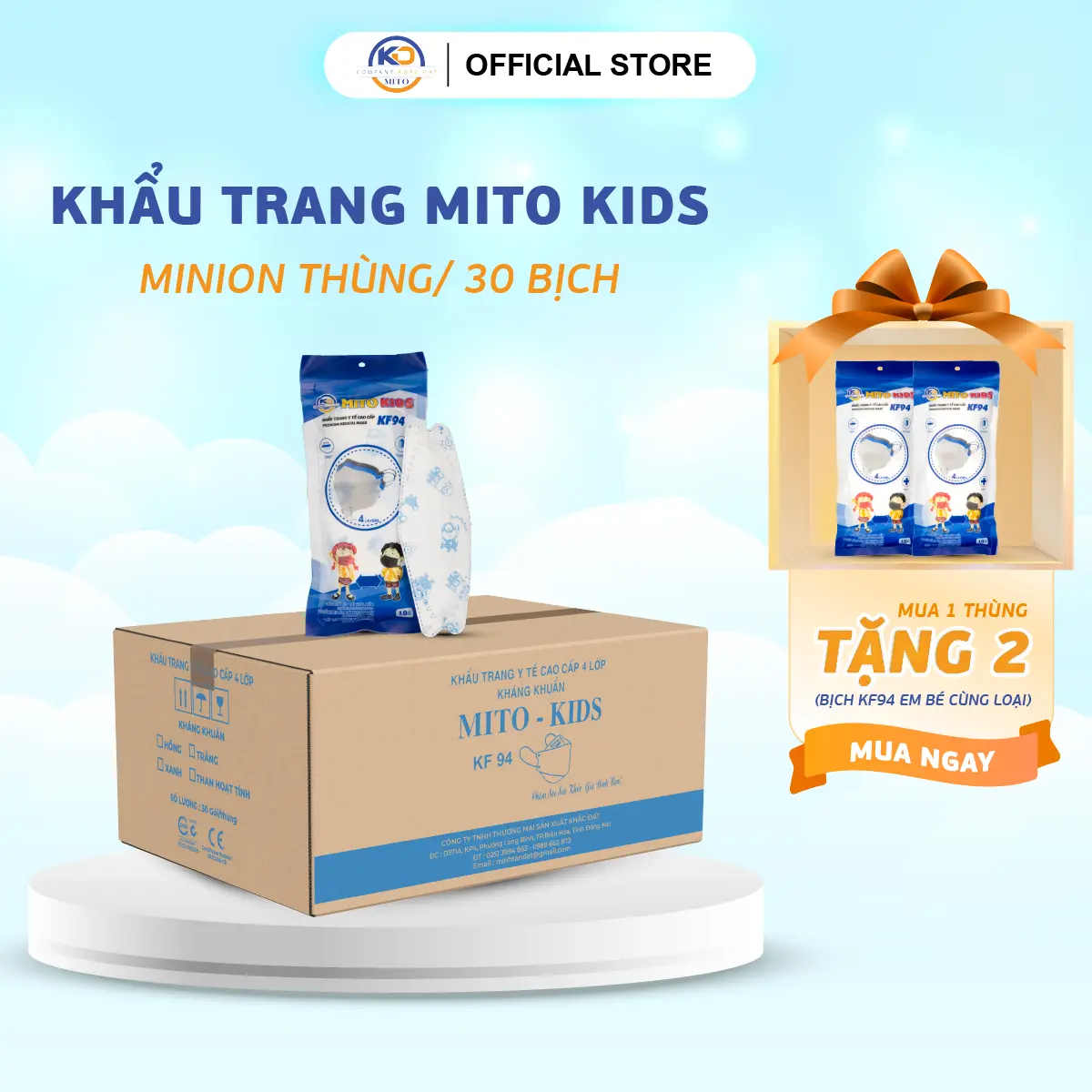 [Mua 1 thùng tặng 2 Bịch] Khẩu Trang Cao Cấp Trẻ Em MITO KIDS KF94 4 Lớp Dây Đeo Mềm Hình Minion (Thùng 30 Bịch = 300 Cái) khautrang phamthoai
