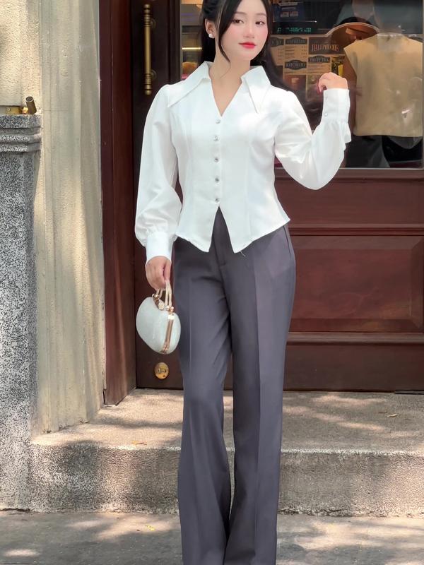 QT03 Quần ống suông cạp cao  cotton Hàn -Quần ống suông nữ công sở - quần ống suông cạp cao nhiều màu ( Đen-xám -nâu rêu-rêu nhạt-kem be-xám chì) Ong Women 5
