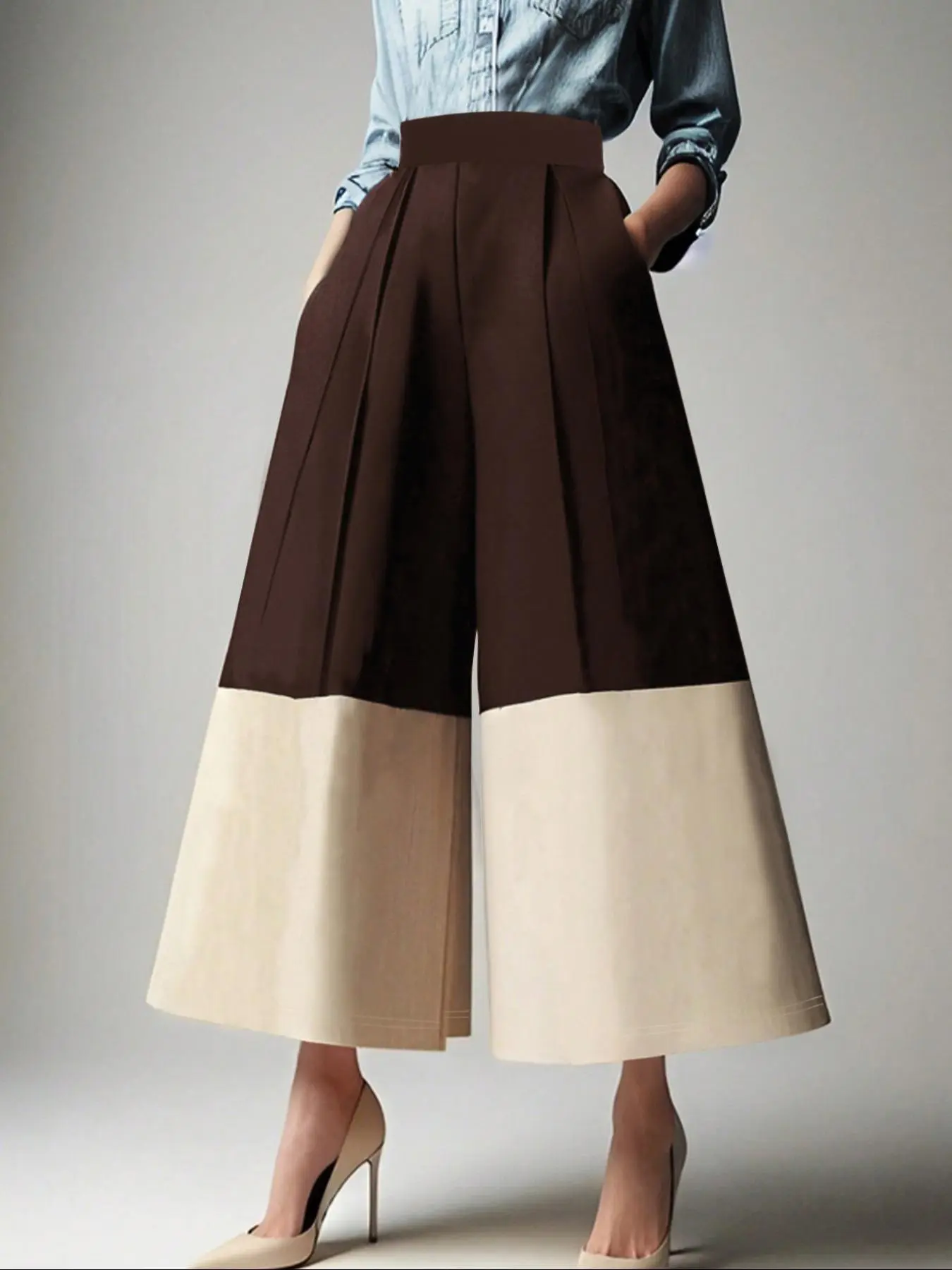 Women's Colorblock High Waist Wide Leg Pants, Elegant Casual Elastic Waist Trousers for Work Office Business, Ladies Bottoms for All Seasons